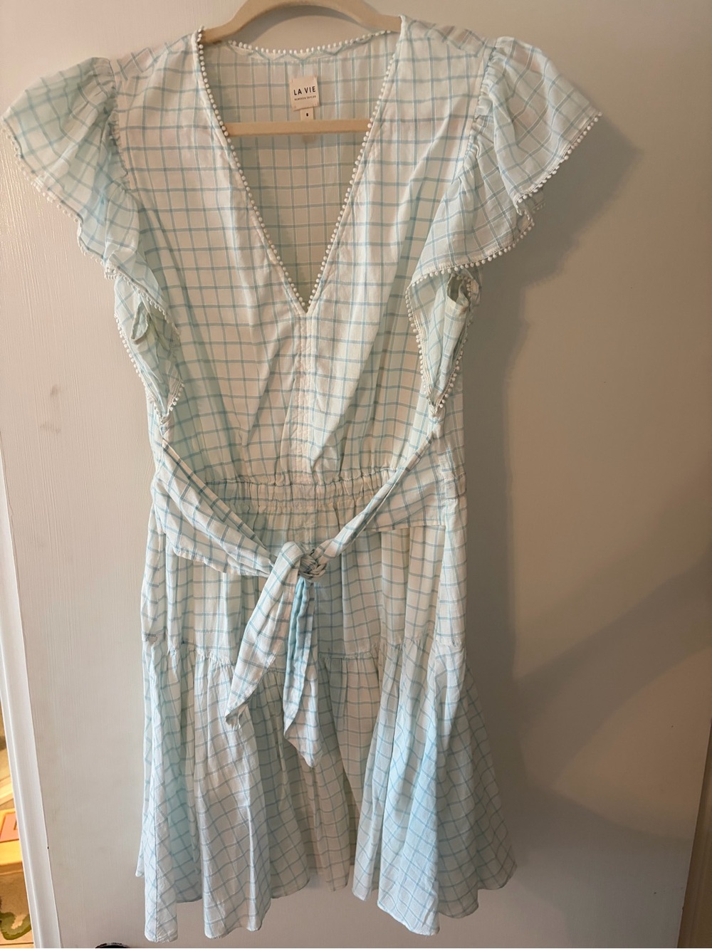 La Vie Light Blue Checked Mini Dress with Tie Waist
